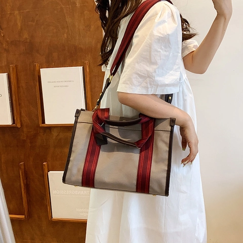 Bolso Tote de Lona de Moda Con Asa de Cinta a Rayas Cierre de Giro de Metal Gran Capacidad Bolso de Hombro Cruzado para Mujer