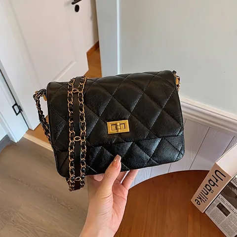Damen Gesteppt Rauten Umhängetasche PU Leder Gold Kette Riemen Klappe Crossbody Tasche Mode Quadratisch Handtasche Alltag
