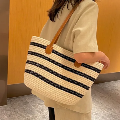 Bolso Tote Grande de Paja para Mujer Tejido a Mano Correa de Cuero Rayas Horizontales Playa Vacaciones Vintage