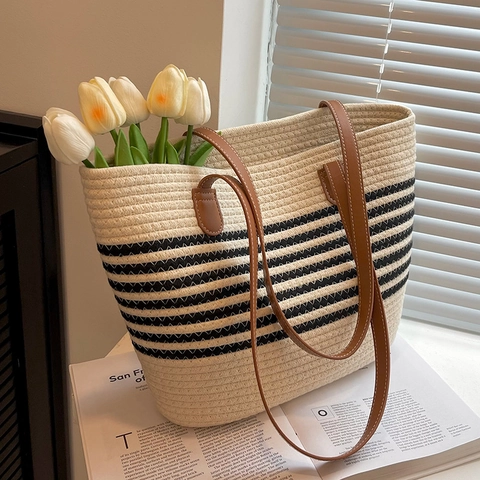 Bolso Tote Grande de Paja para Mujer Tejido a Mano Correa de Cuero Rayas Horizontales Playa Vacaciones Vintage