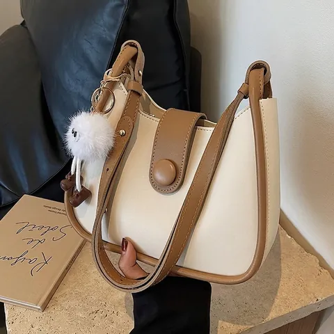 Women PU Leather Saddle Underarm Bag Color Block Retro Shoulder Crossbody Purse with Plush Monster Charm Korean Style