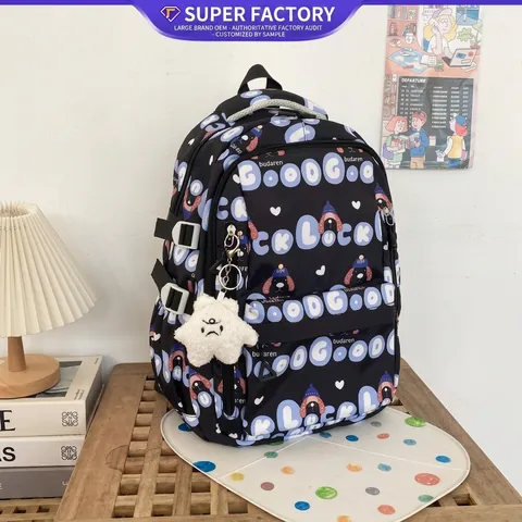 Zaino in Nylon da Donna Grande Capacità Casual Stampa Cane Cartone Animato Cartella Con Pendente Peluche Zaino Viaggio Ragazze