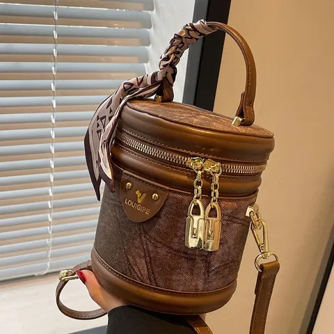 Borsa a Secchiello Cilindrica Moda Donna Versatile in Pelle PU Denim a Tracolla Con Manico in Sciarpa di Raso