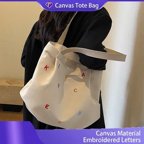 Large Capacity Canvas Tote Bag For Women Embroidered Colorful Letter Commute Shoulder Bag Casual Handbag School Bag
