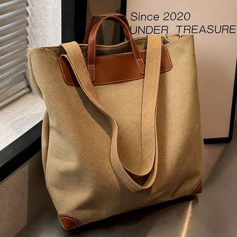 Bolso Tote de Lona Gran Capacidad Mujer Retro Adornos Cuero Contraste Bolso de Hombro Diario Correa Ajustable