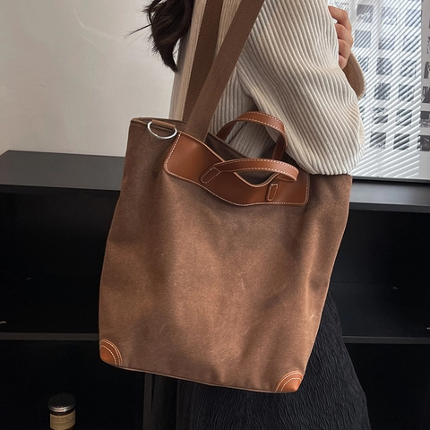 Bolso Tote de Lona Gran Capacidad Mujer Retro Adornos Cuero Contraste Bolso de Hombro Diario Correa Ajustable