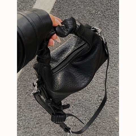 Sac à Main Vintage en Cuir PU pour Femmes Avec Poignée Froncée Nœud Tissé Texture Litchi Sac Bandoulière Fashion Tote Bag