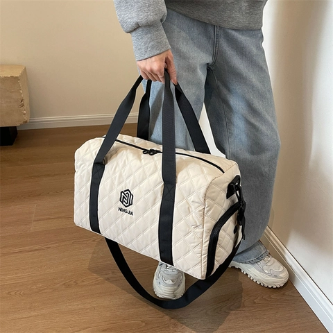 Women Large Capacity Quilted Canvas Travel Bag Rhombus Duffle Gym Bag Shoulder Crossbody Handbag For Weekend Trip Fitness