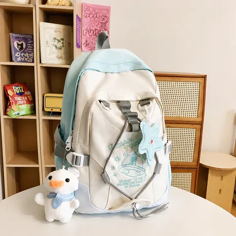 Japanese Style Casual Backpack For Women Girls Astronaut Universe Print School Bag Nylon Waterproof Travel Daypack With Plush Charms