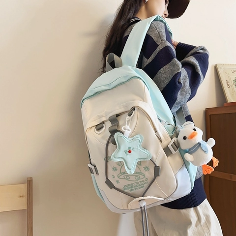 Zaino Casuale in Stile Giapponese per Donna Ragazze Stampa Astronauta Universo Borsa da Scuola Nylon Impermeabile Daypack da Viaggio Con Ciondoli