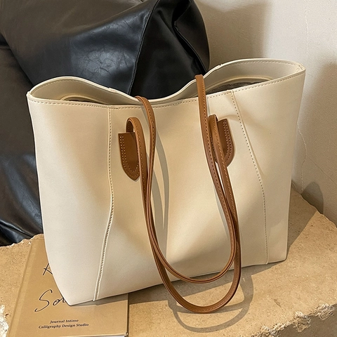Bolso Tote de Mujer Gran Capacidad Minimalista Cuero PU Bolso de Hombro Color Sólido Diario Bolso de Mano Para Escuela Viajes