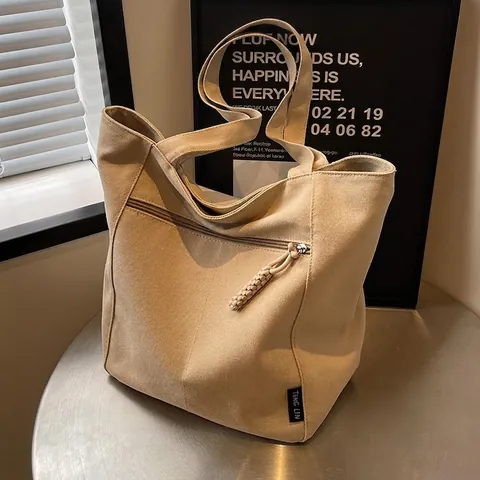 Large Capacity Canvas Tote Bag For Women Vintage Minimalist Shoulder Bag With Front Zipper Pocket Commuter Handbag