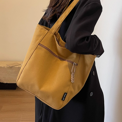 Large Capacity Canvas Tote Bag For Women Vintage Minimalist Shoulder Bag With Front Zipper Pocket Commuter Handbag