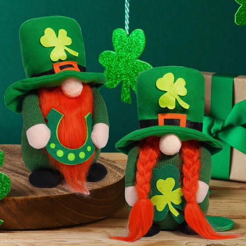 St Patricks Day Gnomes Plush Decorations Irish Shamrock Leprechaun Handmade Knitted Faceless Doll For Home Tray Table Decor Green Orange Ornament