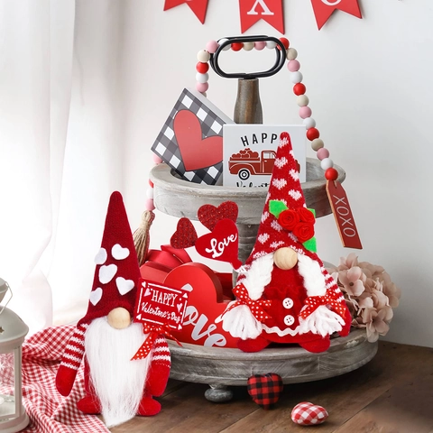 Valentine's Day Gnome Plush Doll Faceless Rudolph Figurine With Love Heart Rose Romantic Couple Table Ornament Gift