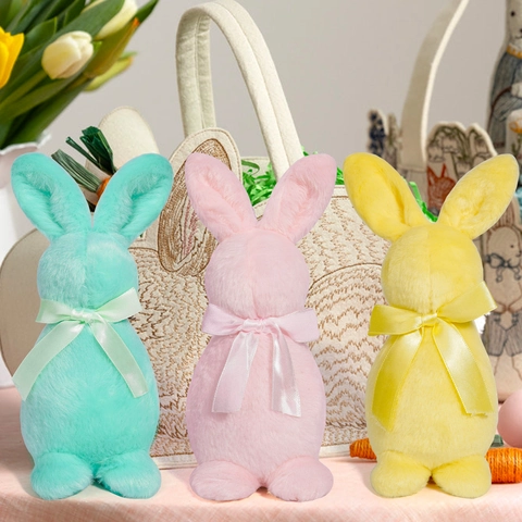Ornement en Peluche Lapin de Pâques Avec Nœud en Ruban Lapin Rembourré Doux Figurine de Bureau pour Décoration Maison
