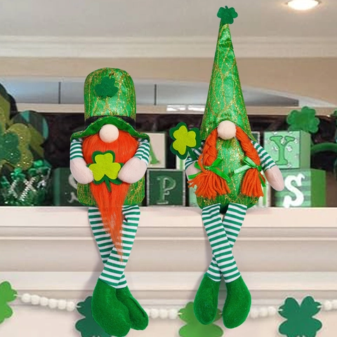 St. Patricks Day Gnome Plüsch Dekorationen Grüne Kleeblatt Irische Tomte Ornamente Glitzer Zylinder Lange Beine Handgemacht