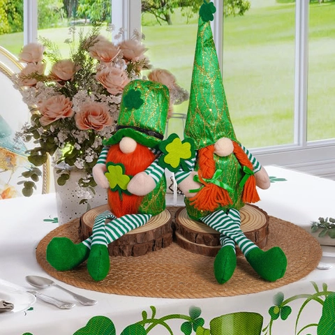 St. Patricks Day Gnome Plüsch Dekorationen Grüne Kleeblatt Irische Tomte Ornamente Glitzer Zylinder Lange Beine Handgemacht