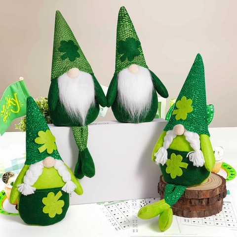 Décorations de Gnomes de la Saint-Patrick Trèfle Vert Poupée sans Visage Gnome Irlandais à Longues Jambes Ornements en Peluche pour la Table