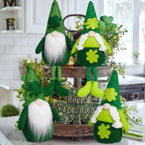 Ornamento Gnomo di San Patrizio Bambola di Peluche Senza Volto Cappello di Paillettes Verde Trifoglio Statuetta Irlandese