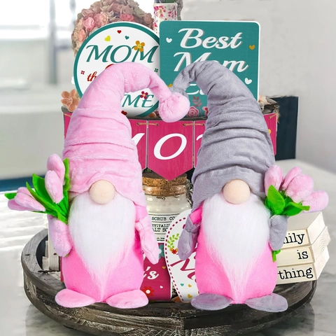 Handmade Mother's Day Gnome Plush Doll With Pink Tulip Faceless Rudolf Ornament For Home Desktop Decoration Gift For Mom