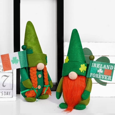 Gnome en Peluche pour Saint Patrick Décoration Leprechaun Irlandais Trèfle Chanceux Poupée sans Visage Ornement de Fête Maison