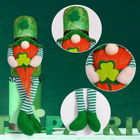 Decoración de Peluche Gnomo Día de San Patricio Trébol Irlandés Leprechaun Con Sombrero de Lentejuelas Gnomo Verde Naranja Para Fiesta