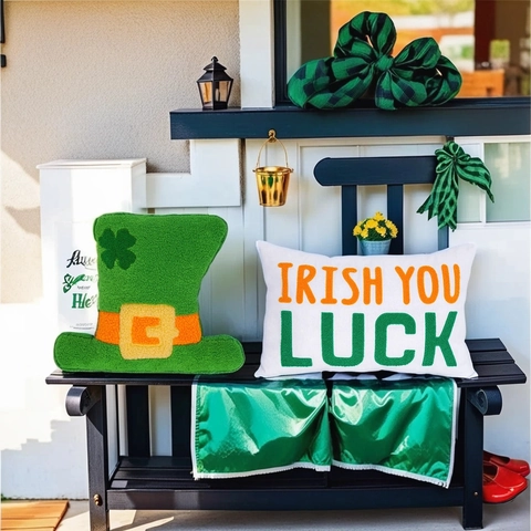 Cojín Decorativo de Sombrero de Leprechaun Verde para San Patricio Trébol Cojín de Felpa Sherpa Decoración Fiesta