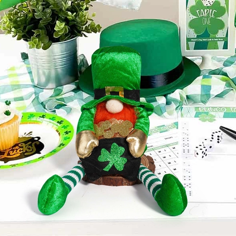 St Patrick Day Green Gnome Plush Doll Long Leg Clover Leprechaun Ornament Irish Festival Home Table Decor Shamrock Decoration