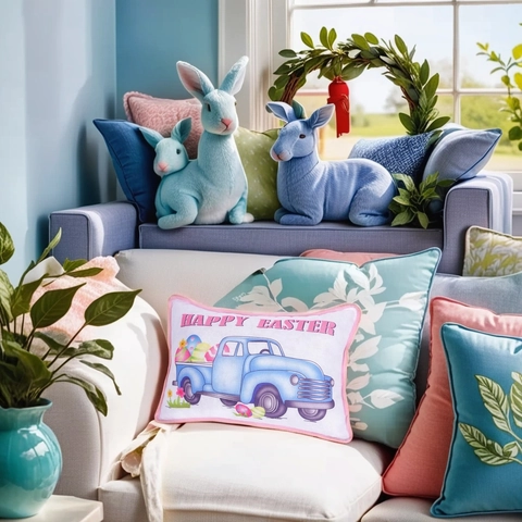 Oster Dekokissen Happy Easter Retro Blauer LKW Bedrucktes Kissen Mit Rosa Paspelierung Rechteckiges Zierkissen Für Sofa Zuhause