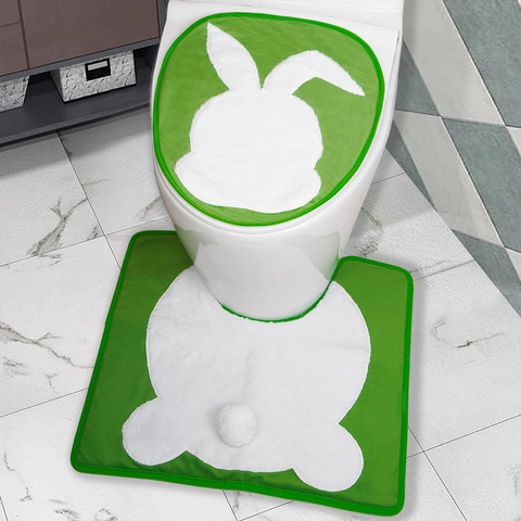 Housse de Couvercle de Toilette et Tapis en U de Pâques Lapin Peluche Doux Antidérapant pour Décoration de Salle de Bain
