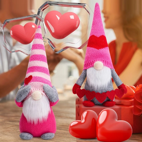Valentijnsdag Kabouter Pluche Decoratie Roze Gezichtsloze Pop Gestreepte Gebreide Muts Hart Rudolph Ornament Voor Huis Romantisch Cadeau