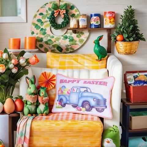 Oster Dekokissen Happy Easter Retro Blauer LKW Bedrucktes Kissen Mit Rosa Paspelierung Rechteckiges Zierkissen Für Sofa Zuhause