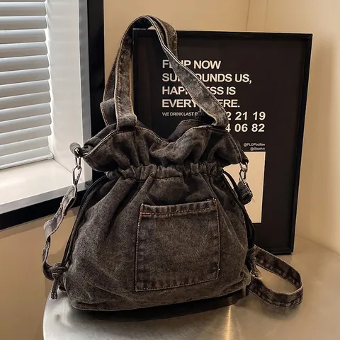 Borsa a Secchiello in Denim Lavato Vintage per Donna Borsa a Tracolla di Grande Capacità Con Tasca Frontale Borsa a Mano Versatile Casual