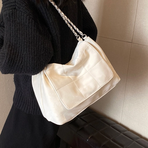 Borsa a Tracolla Trapuntata Vintage da Donna in Pelle PU Opaca Grande Capacità Borsa Tote Catena di Metallo Casual