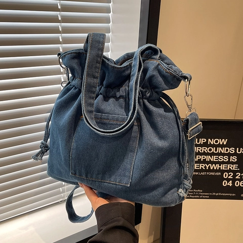Borsa a Secchiello in Denim Lavato Vintage per Donna Borsa a Tracolla di Grande Capacità Con Tasca Frontale Borsa a Mano Versatile Casual