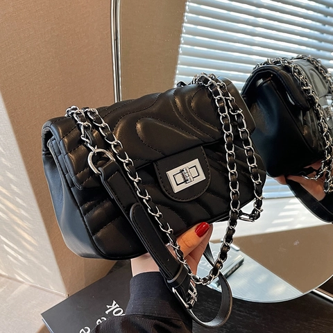 Women Quilted Crossbody Bag PU Leather Wave Pattern Small Square Bag Metal Chain Strap Turn Lock Fashion Shoulder Bag