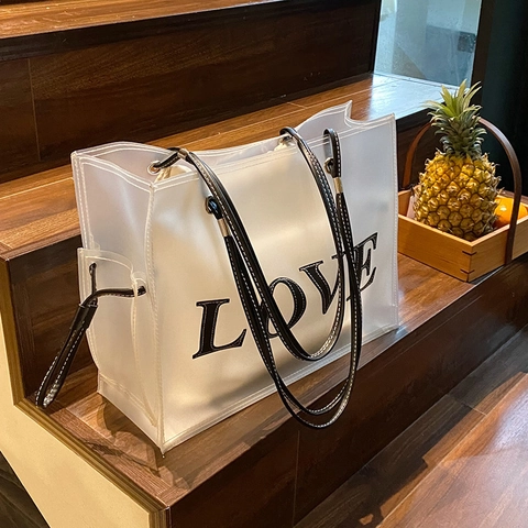Women Large Capacity PVC Transparent Tote Bag LOVE Print Jelly Shoulder Bag with Inner Pouch Beach Travel Casual