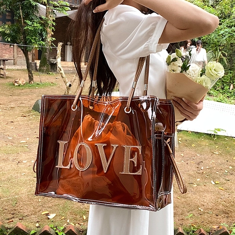 Women Large Capacity PVC Transparent Tote Bag LOVE Print Jelly Shoulder Bag with Inner Pouch Beach Travel Casual