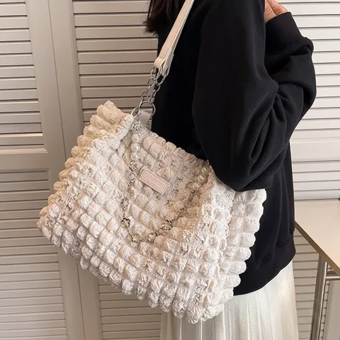 Borsa Tote Donna Grande Capacità Texture Popcorn Tessuto Plissettato Borsa a Tracolla Con Catena di Metallo e Künstliche Perle per Viaggio