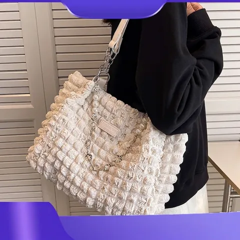 Bolso Tote de Gran Capacidad para Mujer Textura Popcorn Tela Plisada Bolso de Hombro Con Cadena de Metal y Perlas Artificiales para Diario