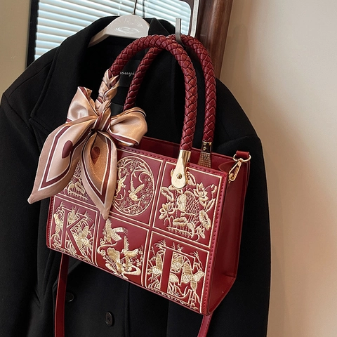 Sac à Main Vintage de Luxe Femme Bordeaux Broderie Avec Foulard en Soie Sac Bandoulière en Cuir PU Motif Fleurs et Oiseaux