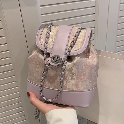 Women's Mini Splicing Tweed PU Leather Backpack Elegant Floral Jacquard Bucket Bag With Metal Chain Strap Rotating Lock