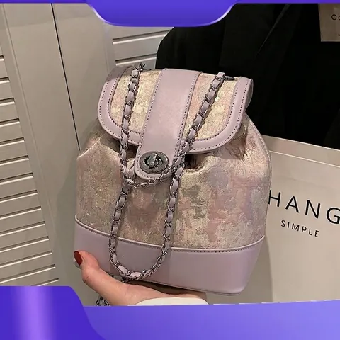 Damen Mini Spleißen Tweed PU Leder Rucksack Eleganter Floraler Jacquard Eimertasche Mit Metallkettenriemen Drehverschluss