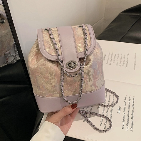 Damen Mini Spleißen Tweed PU Leder Rucksack Eleganter Floraler Jacquard Eimertasche Mit Metallkettenriemen Drehverschluss