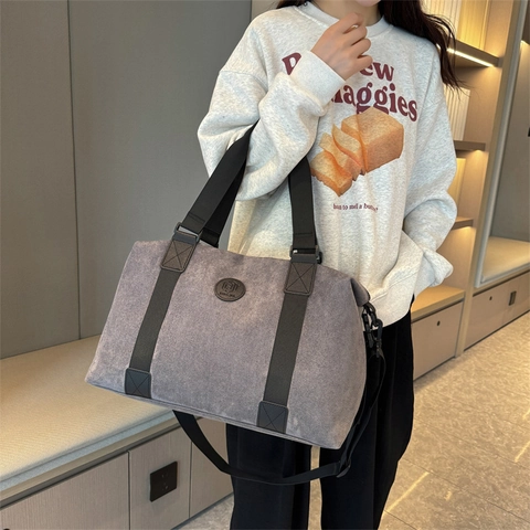 Women Large Capacity Shoulder Bag Canvas Suede Look Travel Bag For Fitness Yoga Casual Crossbody Tote Handbag Solid Color