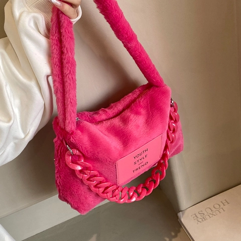 Sac Fourre-tout en Peluche pour Femmes Grande Capacité Sac à Épaule en Fausse Fourrure Avec Chaîne en Plastique Y2K Streetwear