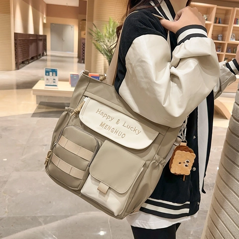Borsa Tote Donna in Tessuto Oxford Grande Capacità Multi Tasca Borsa a Tracolla Per Scuola Pendolarismo Stampa Lettere