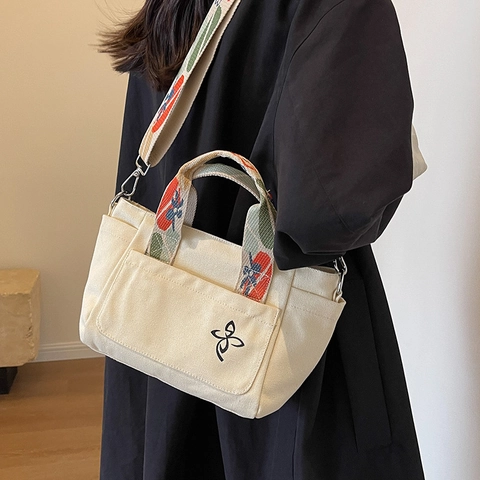 Women Large Capacity Canvas Tote Bag Versatile Crossbody Shoulder Bag With Colorful Embroidered Wide Strap Casual Handbag