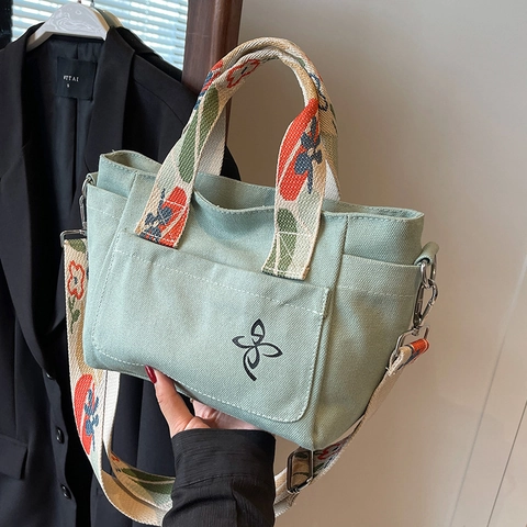 Women Large Capacity Canvas Tote Bag Versatile Crossbody Shoulder Bag With Colorful Embroidered Wide Strap Casual Handbag